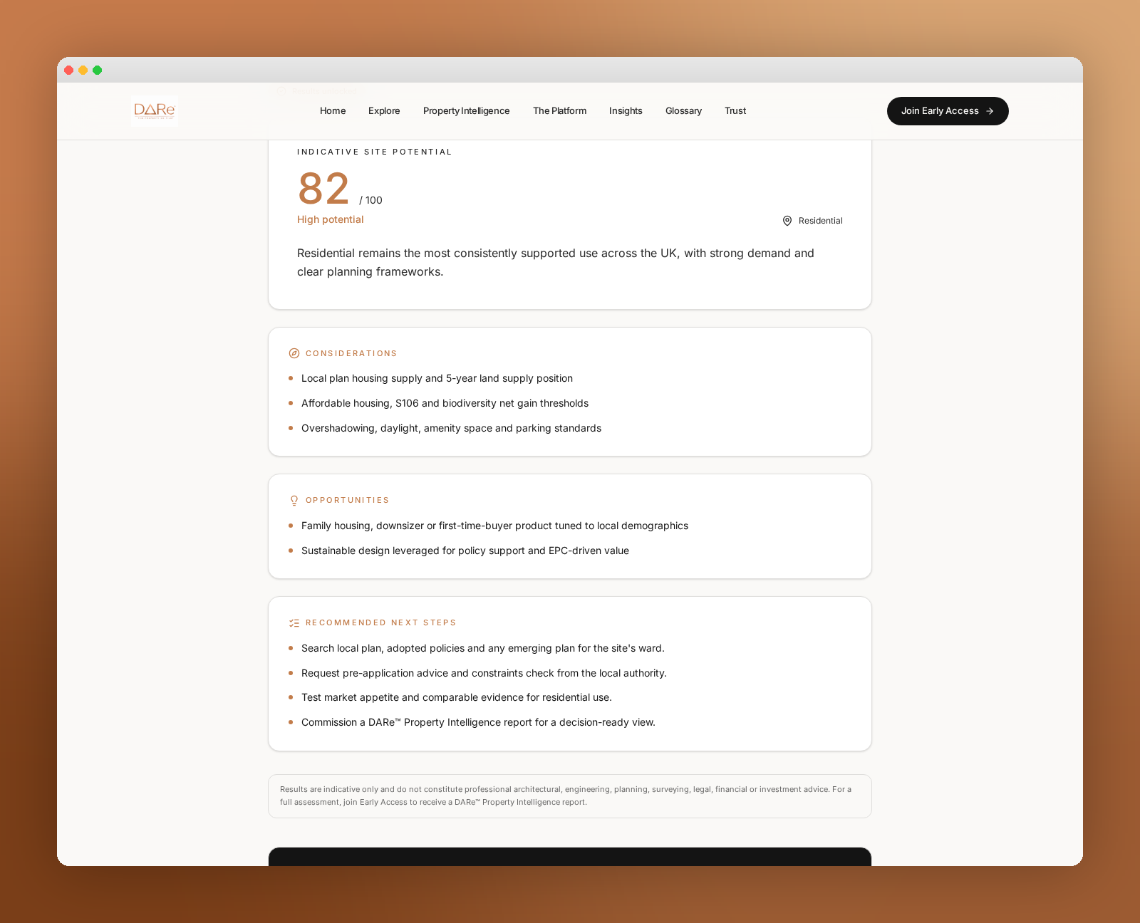DARe Site Potential Checker showing a site profile and opportunity scores.