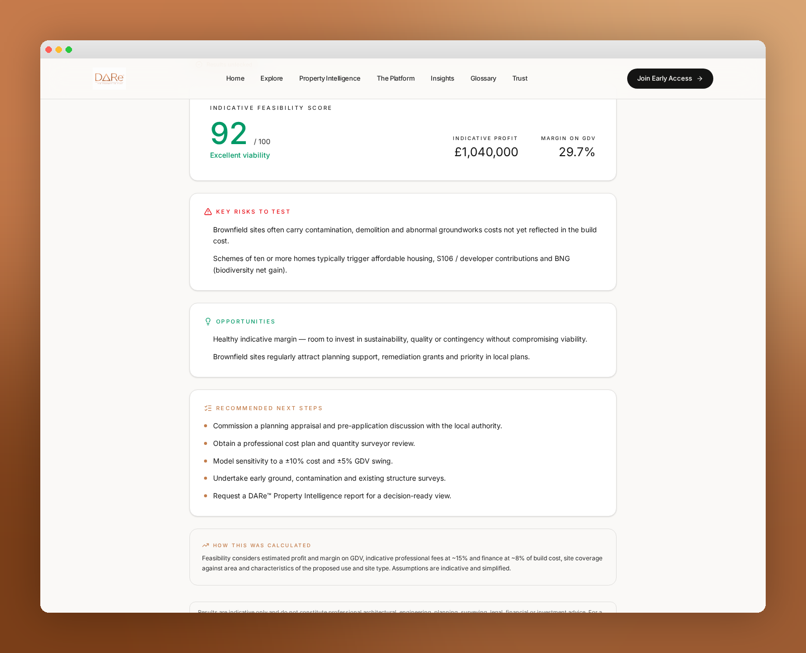 DARe Development Feasibility Calculator showing a viability score, cost summary and recommendation.